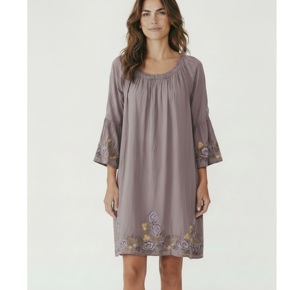 Umgee USA Womens XL Mauve Purple Embroidered Boho Bell Sleeve Tunic Dress Hippie